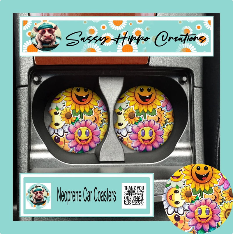 Set of 2 neoprene car coasters with smiling sunflower faces and floral designs