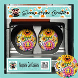 Car Coasters Smiley Face Flowers Groovy Retro Sunflower Set 2 Neoprene Absorbent Sunflower