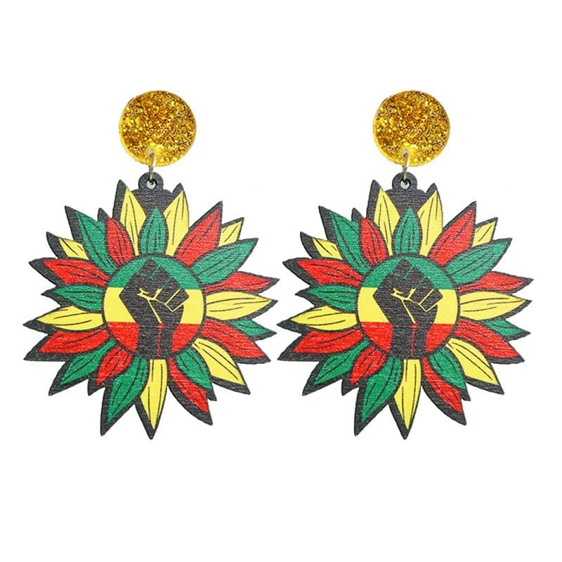 Unique Handmade Wooden Sunflower Flower Earrings Glitter Acrylic Bohemian Colour Sunflower