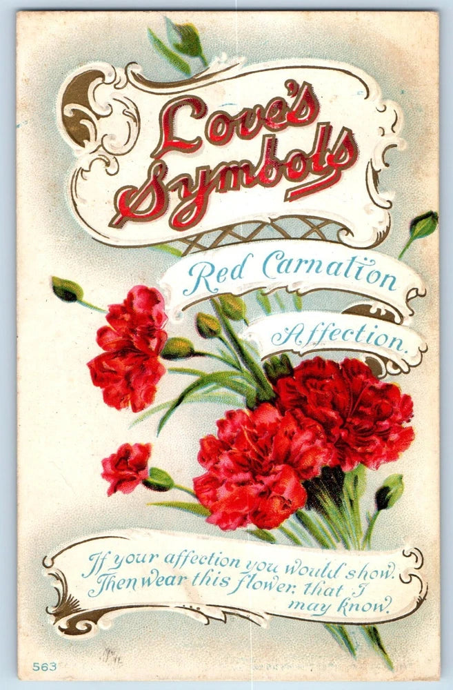 Vintage love postcard with red carnations and ornate Love's Baptism lettering