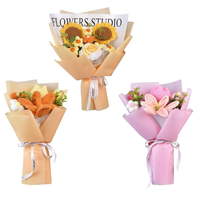Crochet flower bouquet set with greenery leaves, wrapped in tan and pink paper
