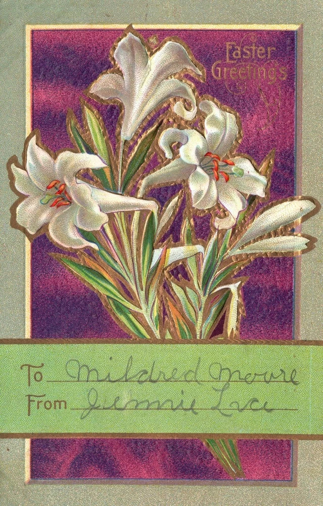 Vintage Postcard 1910's Happy Easter White Lilies Flowers Holiday Greetings Lily