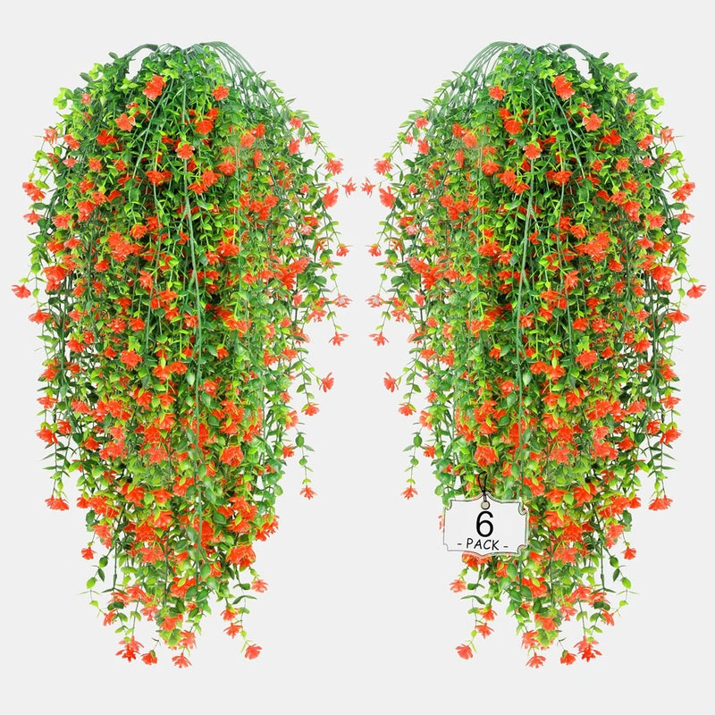 Artificial hanging fall flowers set with orange faux blooms and green foliage, 2-pack