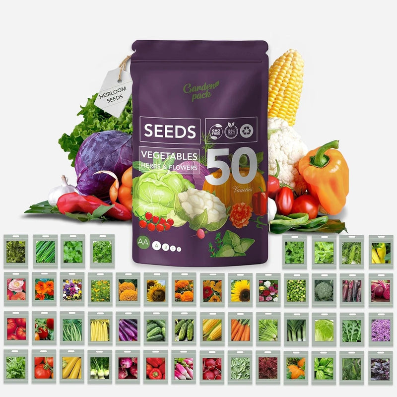 Seeds Pouch - 50 Varieties of Vegetable, Herb & Flower Seeds for Planting - 25,0 Garden Plants