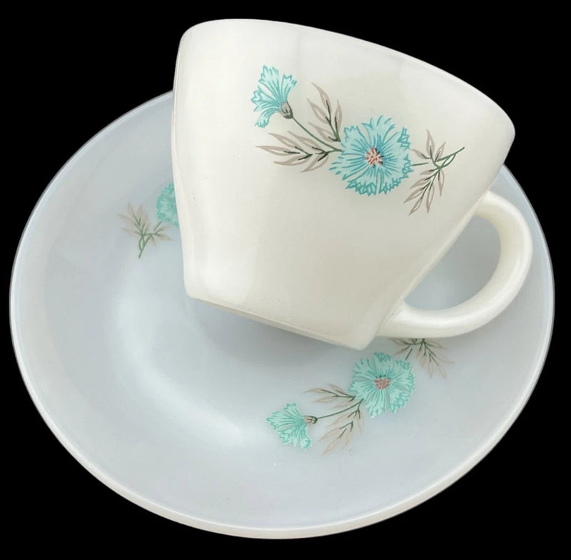 Vintage Fire King Coffee Tea Cup & Saucer Set Bonnie Blue Carnation Flower Carnation