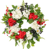 22IN Patriotic Wreath Red Hydrangeas White Flowers Blue - Spring Summer Front Do Hydrangea