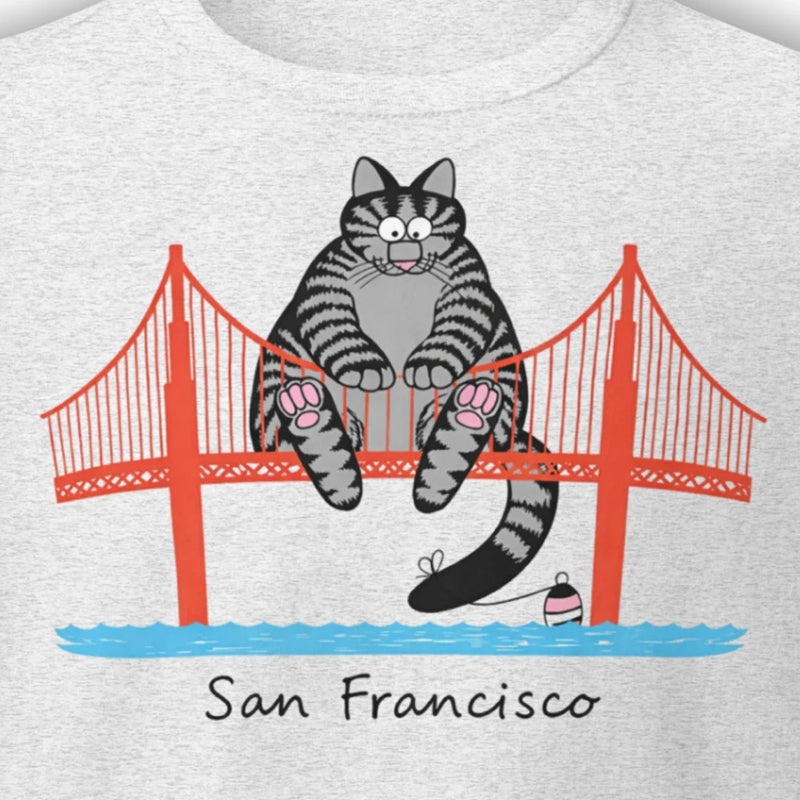 Gray cat bridge T-shirt with red Golden Gate graphic and 'San Francisco' text