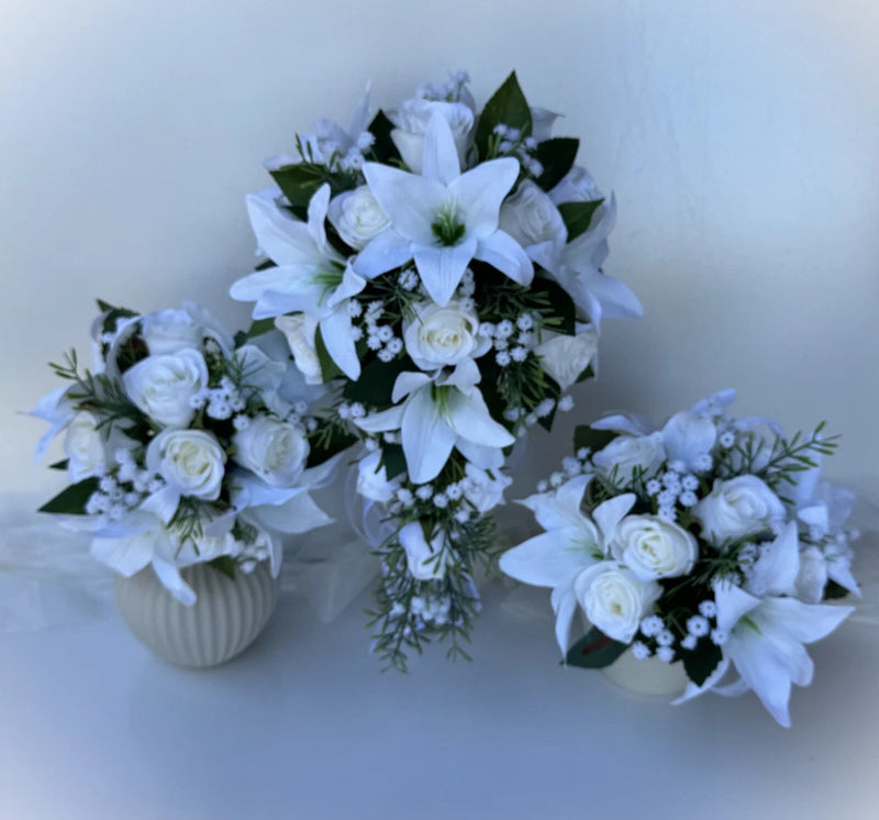 White Lily Roses Gyp Flowers Bridal Wedding Bouquet Teardrop Artificial Set Bouquet