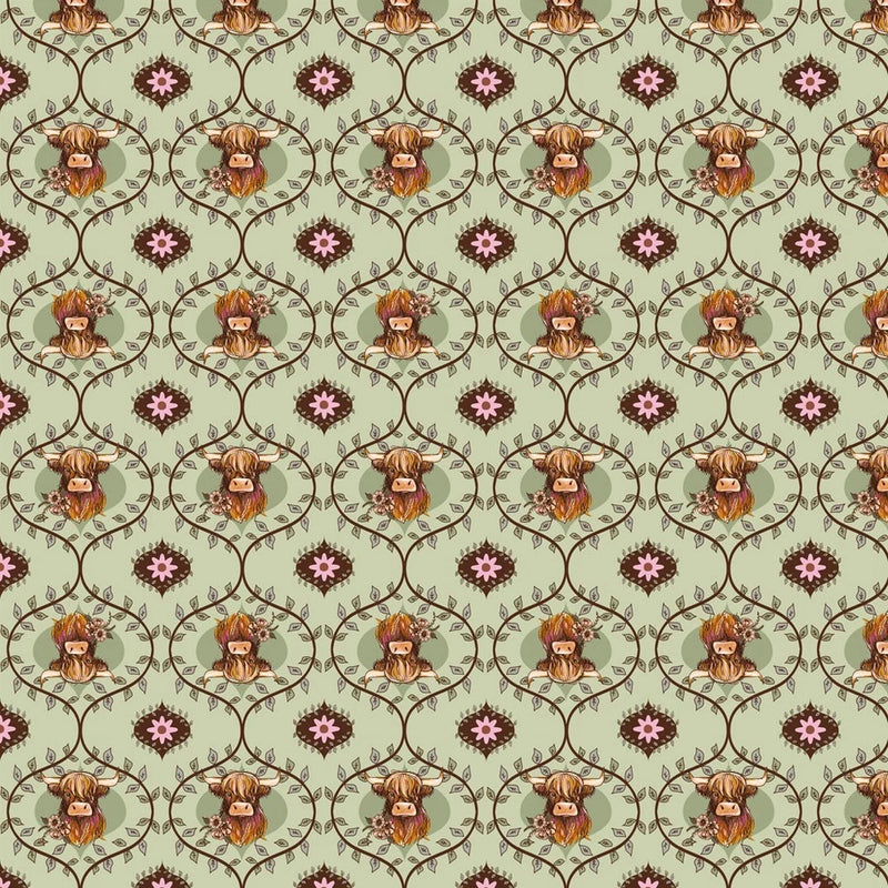 Coneflower Corral Digital Highland Cows Y4559-2 quilt fabric BTHY Highland cows Flowering Plants