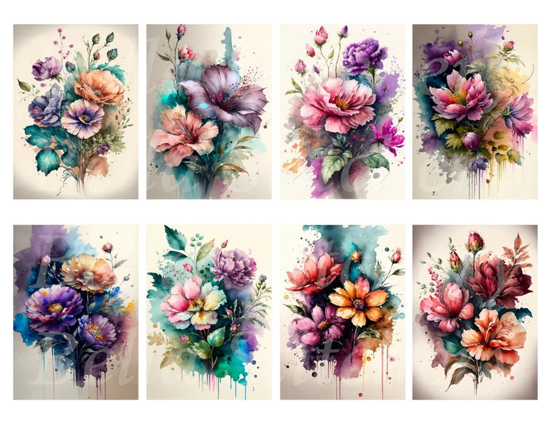 Set of 8 - 2.3x3 Watercolor Flower Bouquet Collage Cotton FABRIC Panels Flowering Plants