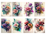 Set of 8 - 2.3x3 Watercolor Flower Bouquet Collage Cotton FABRIC Panels Flowering Plants