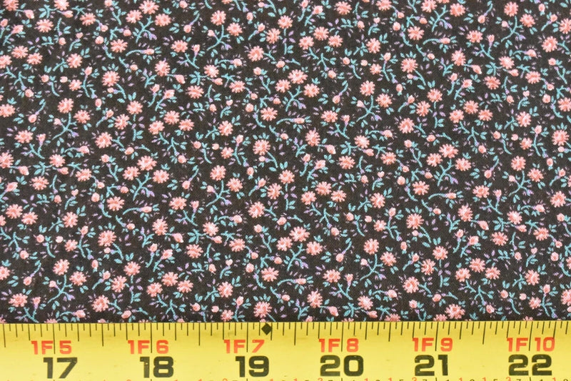 By 1/2 Yd, Vintage, Pink & Turquoise Calico on Brown Cotton, Peter Pan, P8553 Flowering Plants