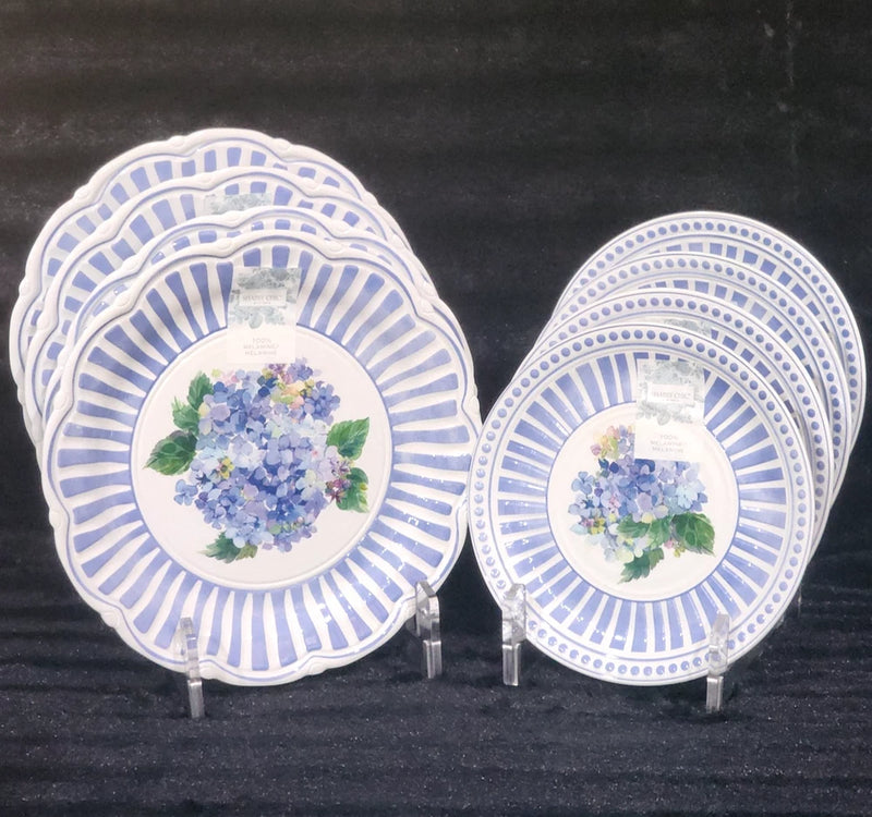 8 Shabby Chic Floral Hydrangea Dinner & Salad Plates Blue White Melamine Summer Hydrangea