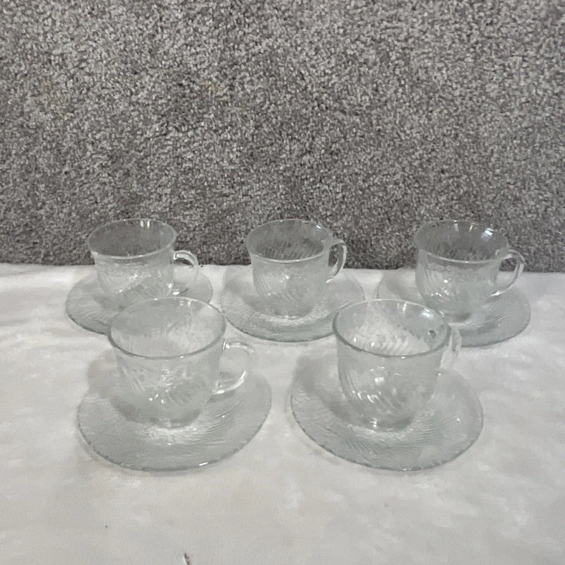 Vintage KIG Group Clear Floral Pressed Glass Cup & Saucer Set 10 Pc Carnation