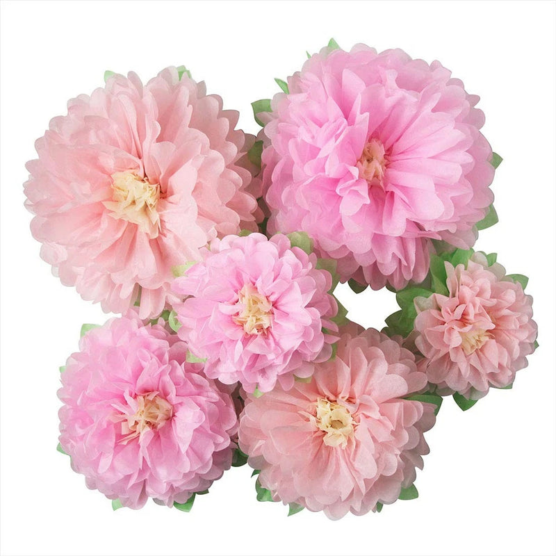 Pink artificial tissue peony flowers set, 6 blooms with green leaves
