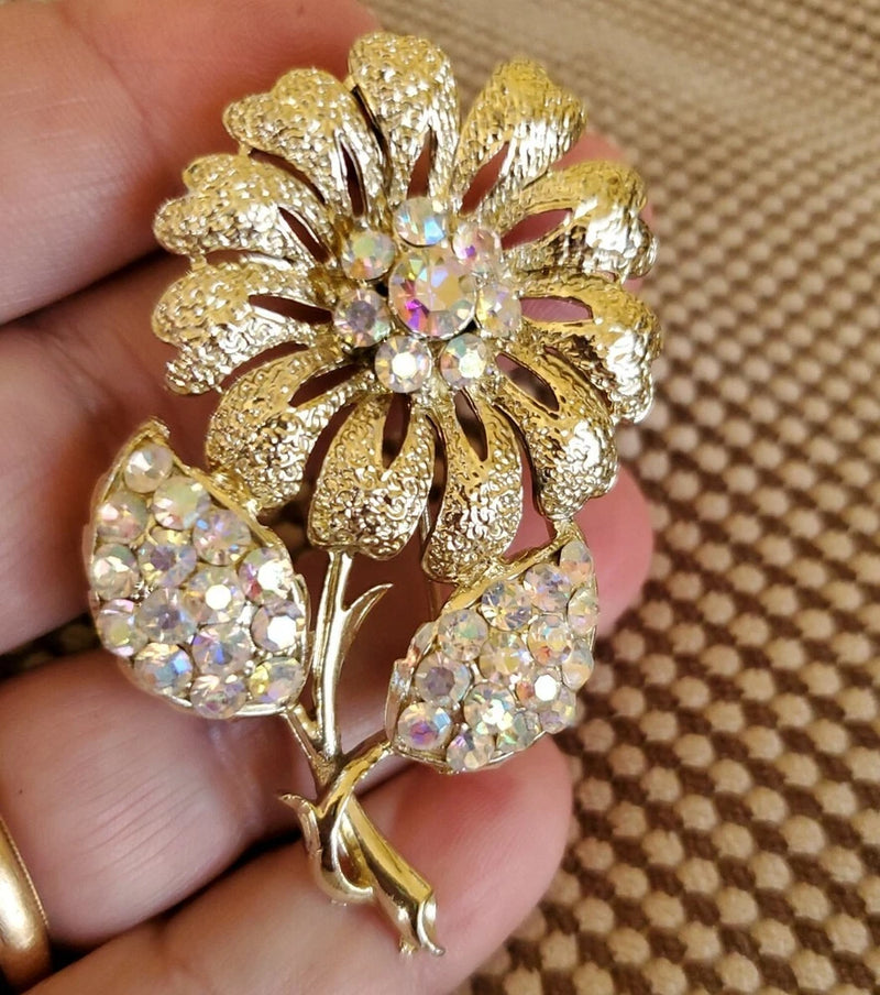 VINTAGE Jewelry Sunflower Brooch Silvertone AB Aurora Borealis Rhinestones 2.5" Sunflower