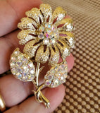 VINTAGE Jewelry Sunflower Brooch Silvertone AB Aurora Borealis Rhinestones 2.5
