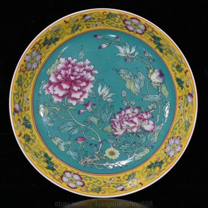 8.4" Old Chinese Yongzheng Pastel Porcelain Dynasty Peony Flower Plate Tray Peony