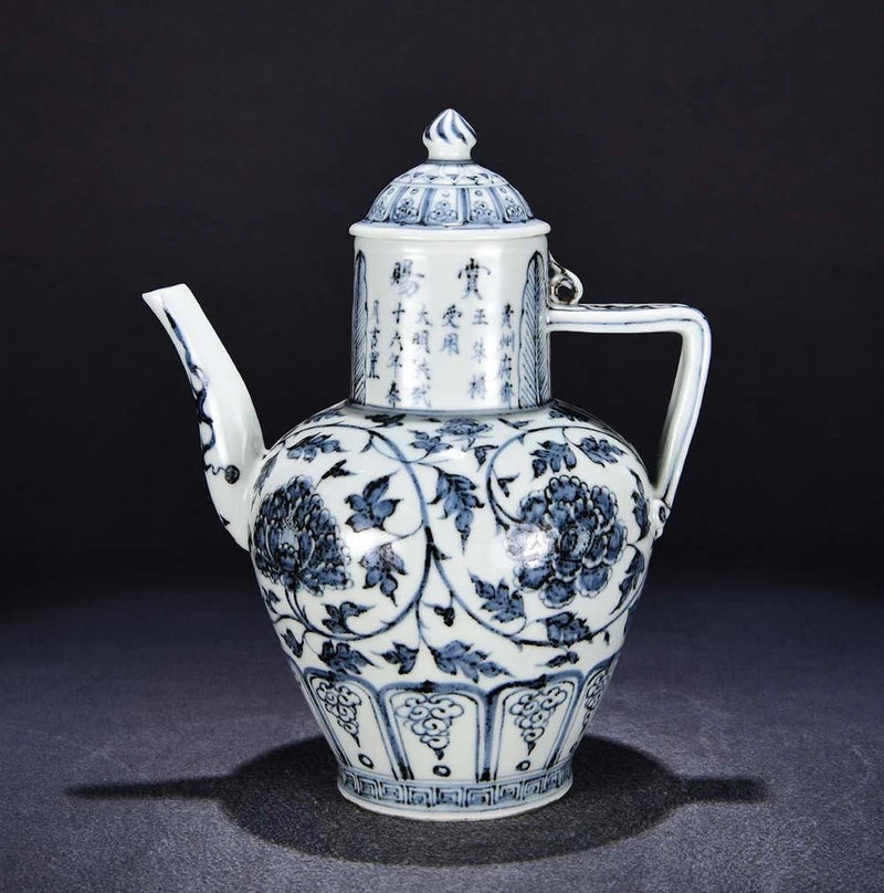 30CM Hongwu Signed Old Chinese Blue&White Porcelain Teapot W/peony flower U2057 Peony