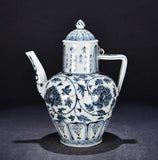 30CM Hongwu Signed Old Chinese Blue&White Porcelain Teapot W/peony flower U2057 Peony