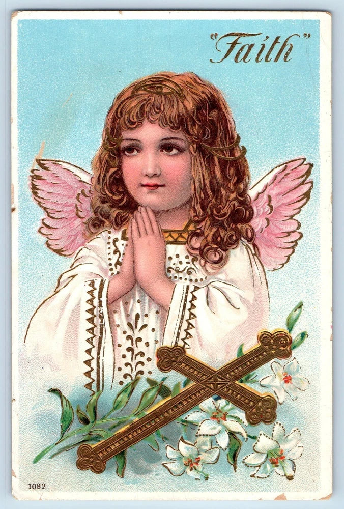 Easter Postcard Faith Angel Holy Cross Lilies Flowers Gel Gold Gilt Embossed Lily