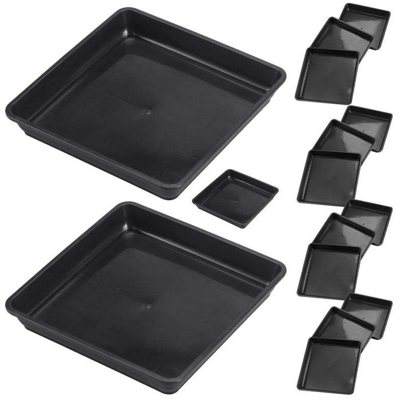 Set of 15 black square plastic plant saucer drip trays, various sizes with raised rim.