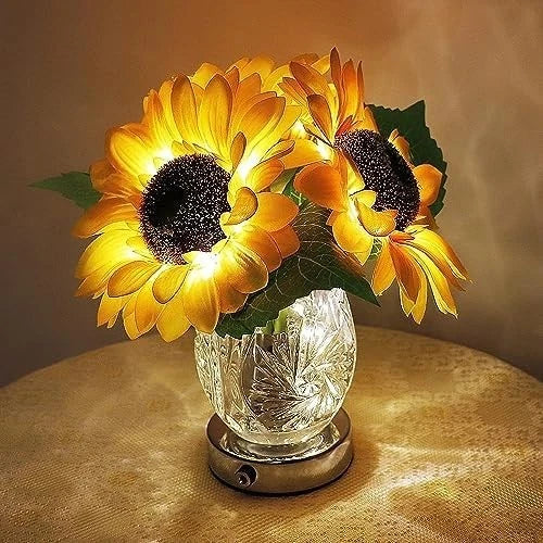 LED artificial sunflower table lamp with glass vase, glowing yellow flowers on metal base
