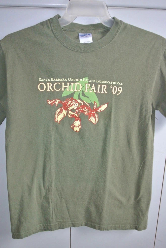 Olive green women's graphic T-shirt with orchid fair '09 logo, short sleeves
