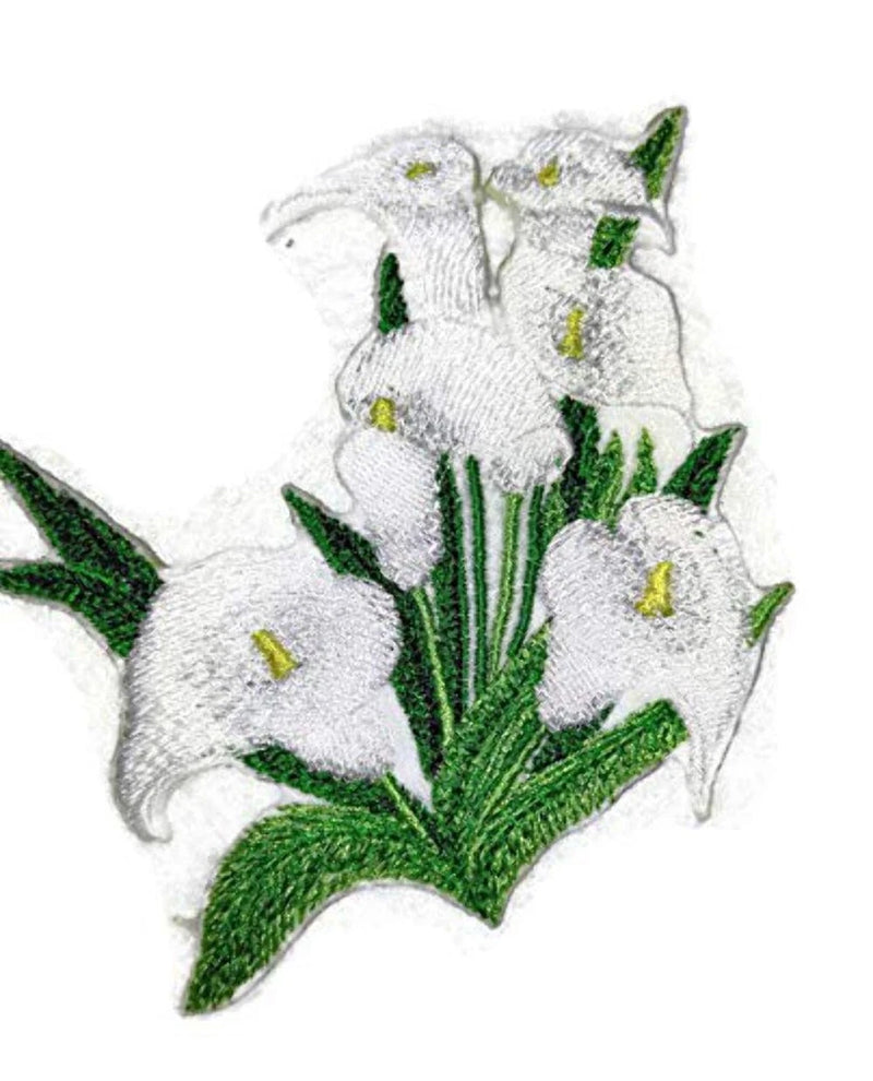 Embroidered white calla lilies with green leaves and stems, iron-on patch