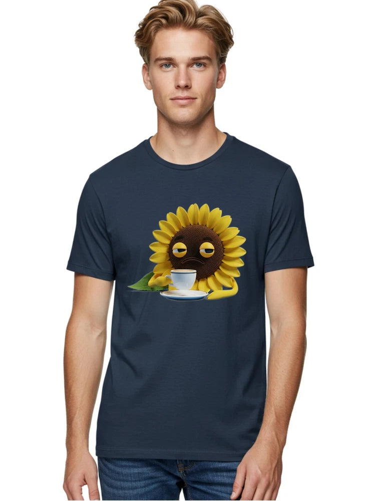 Men's dark navy graphic tee with smiling sunflower and cup print, short sleeves