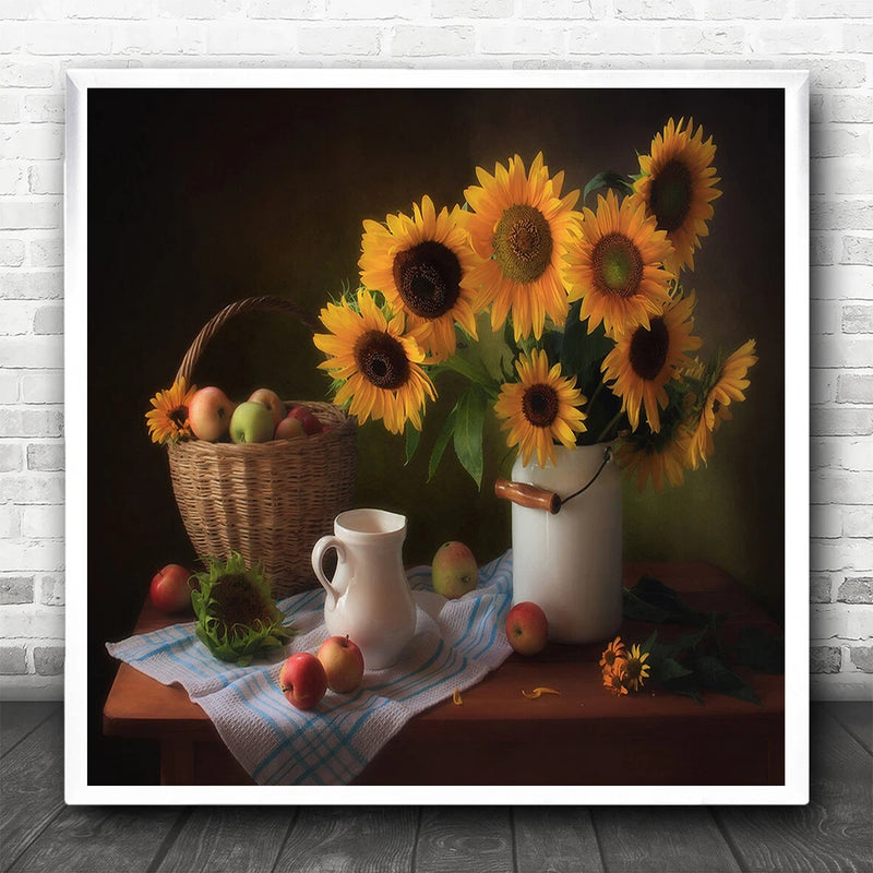 Square sunflower still-life art print with basket, sunflowers, and white pitcher