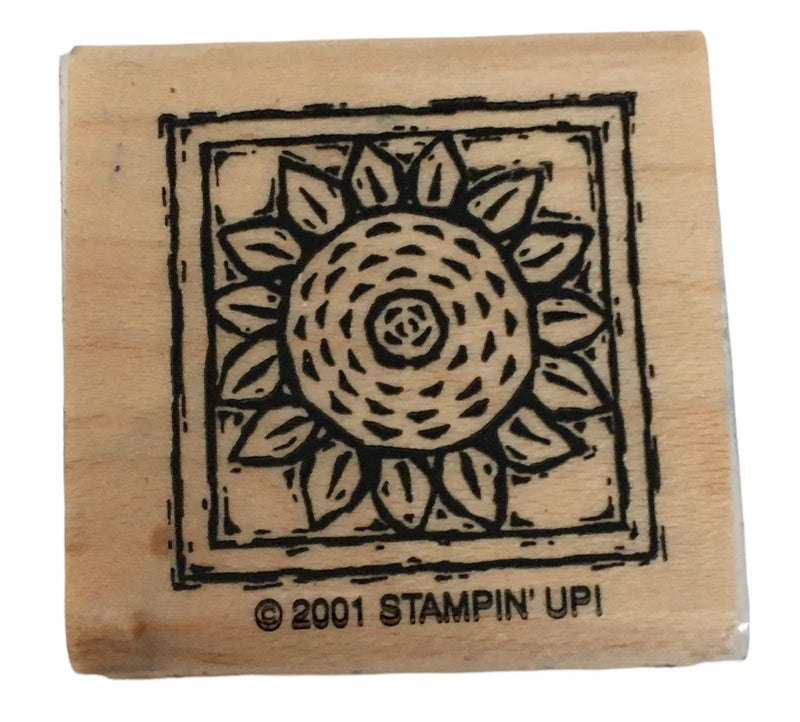 Stampin Up rubber stamp sunflower in square frame on wooden base