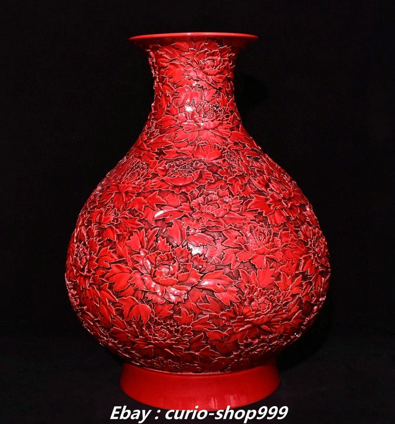 20.4" Qianlong Red Glaze Porcelain Fengshui Peony Flower Pattern Bottle Vase Peony