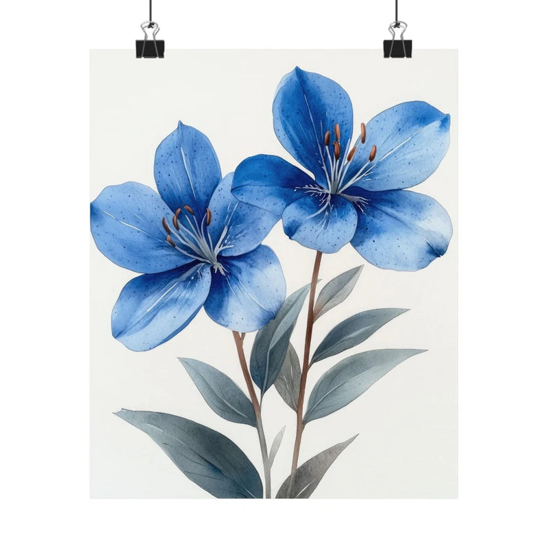 Blue lily flower art print poster with three blossoms and green leaves, minimalist style