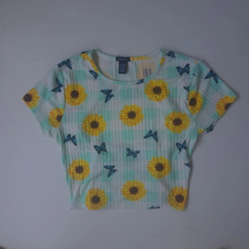 Rue 21 youth short Top blouse with sunflower design size L Casual Summer Lightwe Sunflower