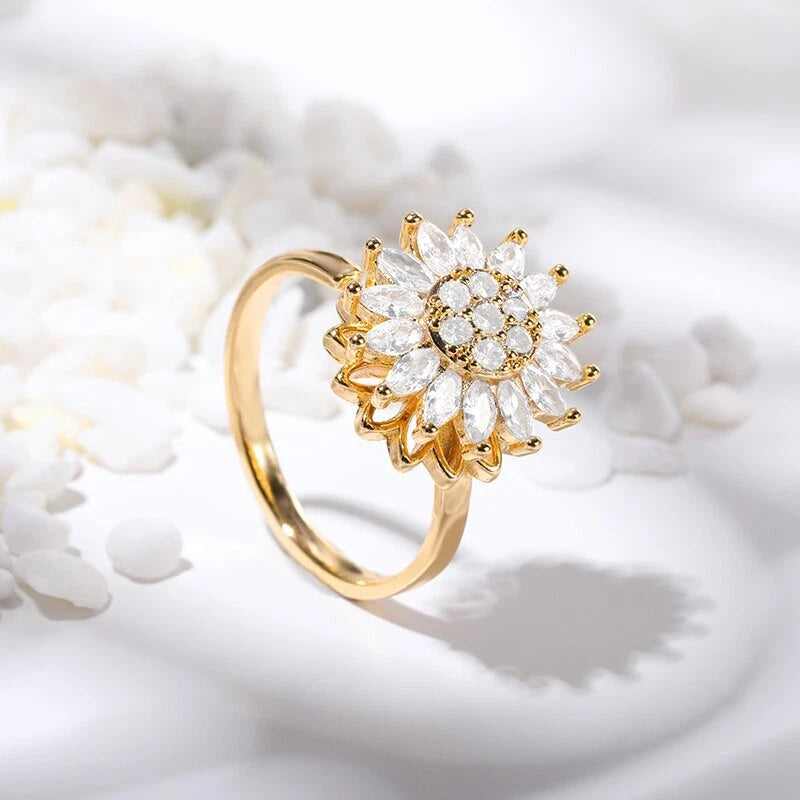 Sunflower crystal ring with gold-tone petals and clear rhinestone center