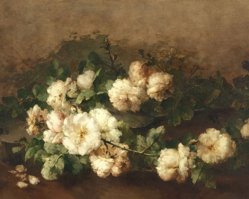 White rose and green leaf still life painting giclee print on art paper