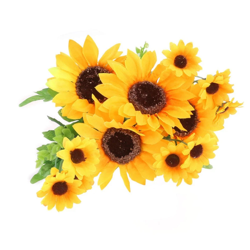 Artificial sunflower bouquet with multiple yellow blooms and dark brown centers, no stems