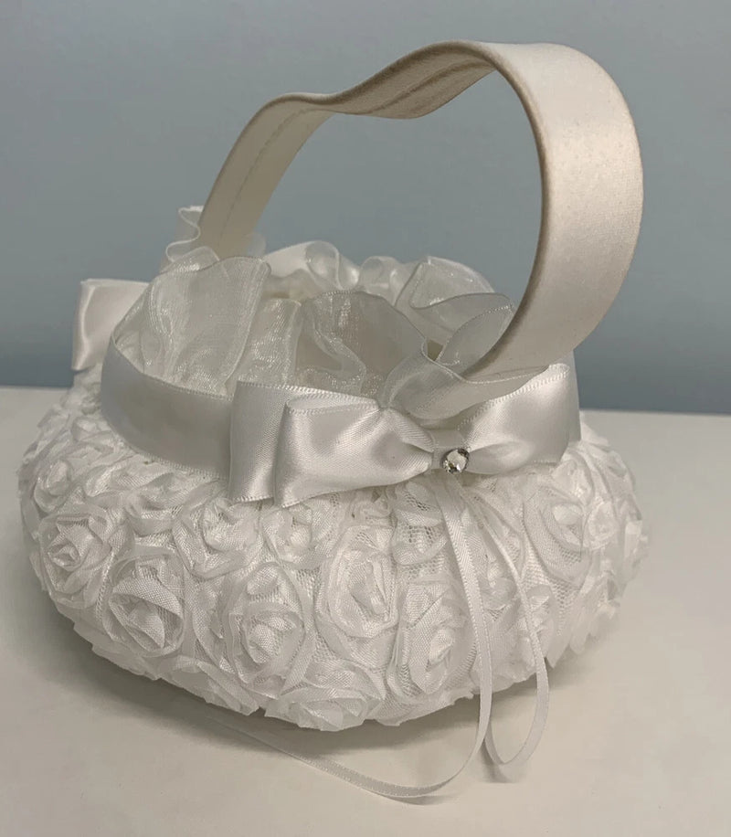 Bowknot Silk Cloth Wedding Ceremony Party Rose Flower Girl Basket White 5" Bouquet