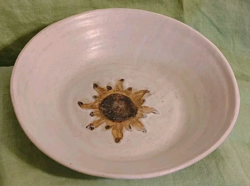 ORIGINAL Hand Turned Embossed Sunflower On Ivory Ceramic Art Pottery 9" Bowl Sunflower