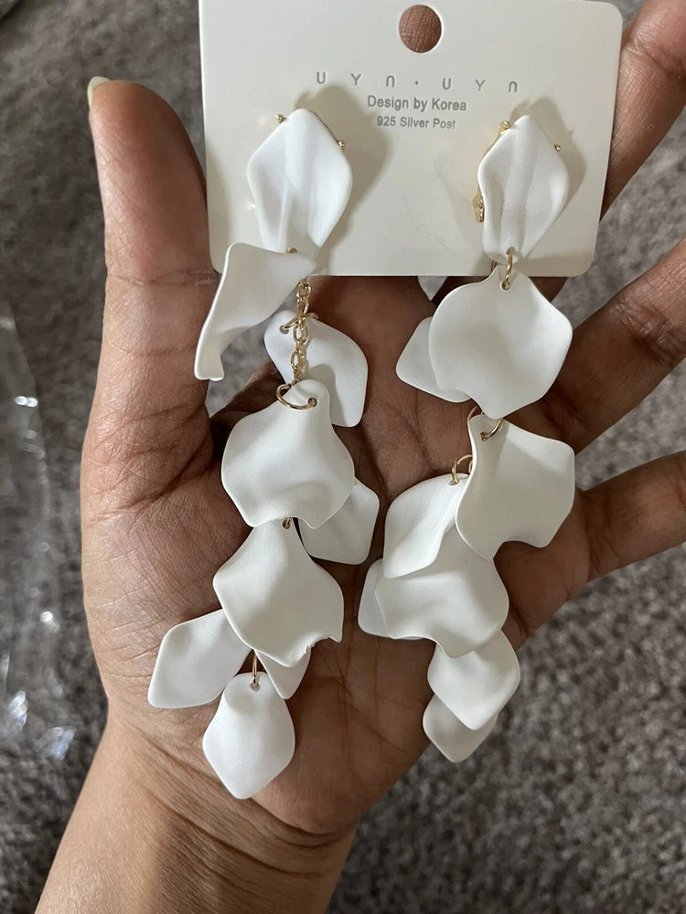 White Flower Earrings  Rose Petal Acrylic Dangle Leaf Chandelier Pageant Big Sunflower
