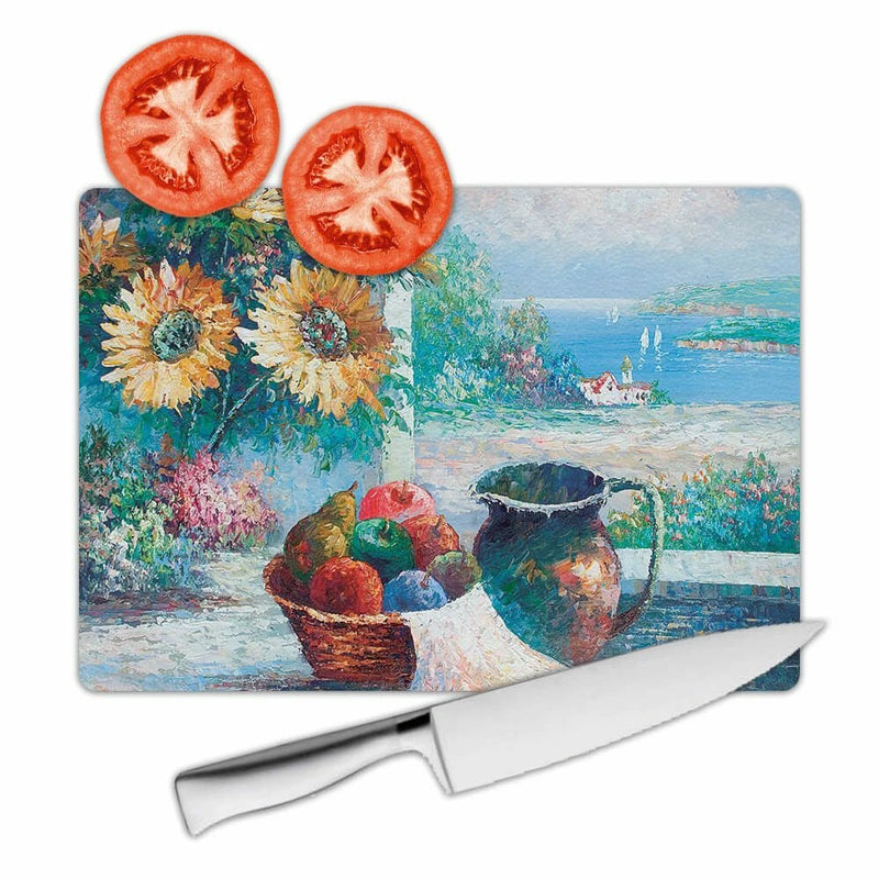Rectangular sunflower-themed cutting board with colorful floral landscape artwork