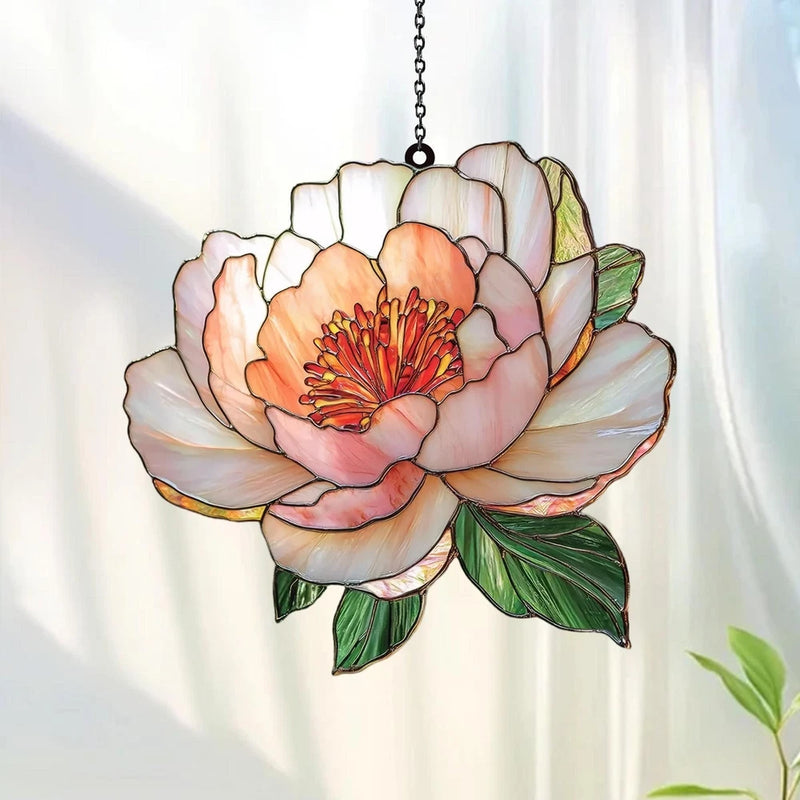 Peony acrylic window hanging suncatcher with faux stained-glass petals and flower center