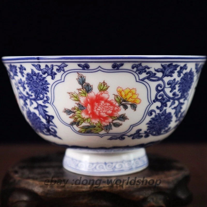 4.7" Chinese Blue-and-white Porcelain Plum Blossom Peony Lotus Flower Bowl Peony