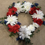 BLOOM ROOM Patriotic Wreath Red, White, Blue Dahlia Ranunculus Summer Floral 21Ó Ranunculus