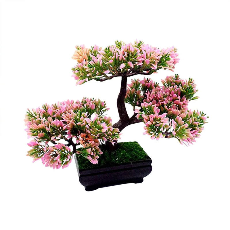 Artificial mini pine bonsai in black square pot, dark trunk with pink flower-like clusters
