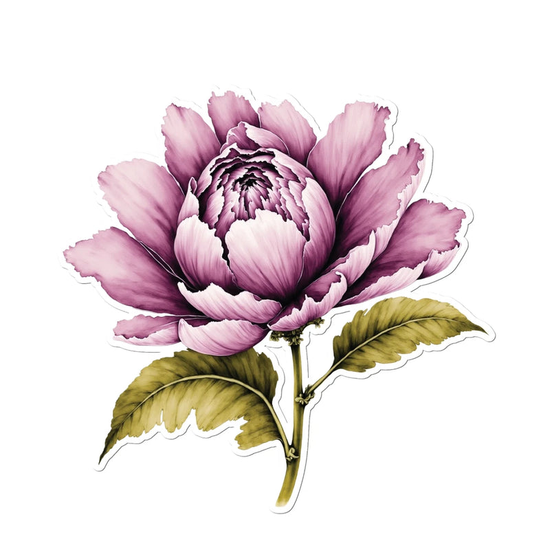 Peony flower decal sticker with pink and purple petals and green leaves, die-cut outline