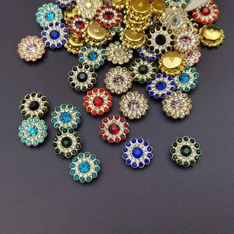 Set of 100 gold claw glass gem flower charms in mixed colors, sunflower-style.
