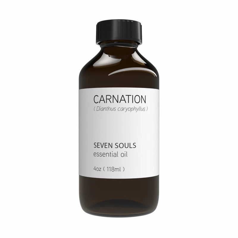 CARNATION carnation essential oil bottle, 4 oz, black cap, white label with text