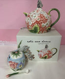 VINTAGE FITZ & FLOYD EDIE ROSE "HYDRANGEA TEAPOT" BUTTERFLY ON LID SUGAR BOWL Hydrangea